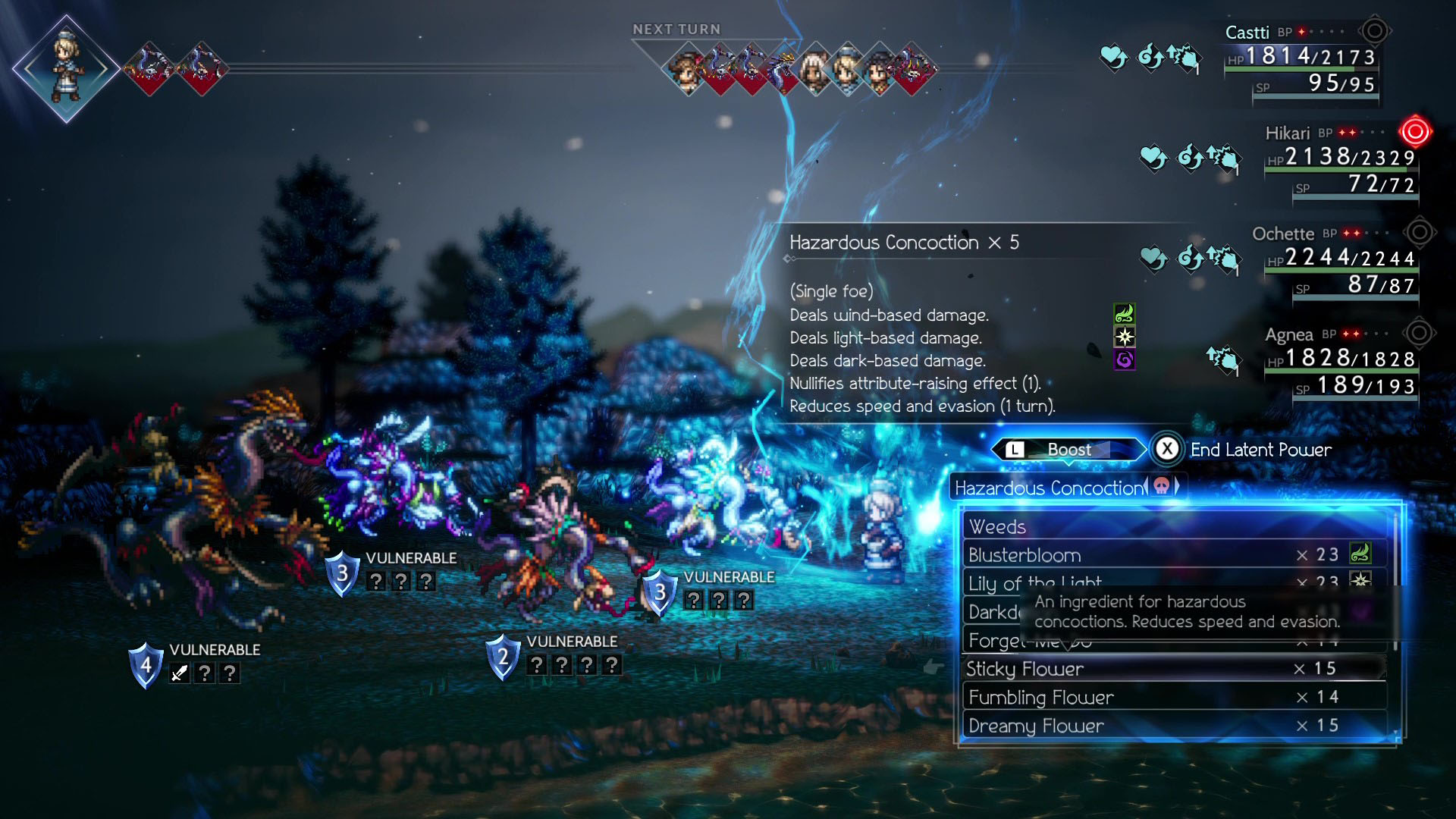 Castti using her Concoct ability in battle